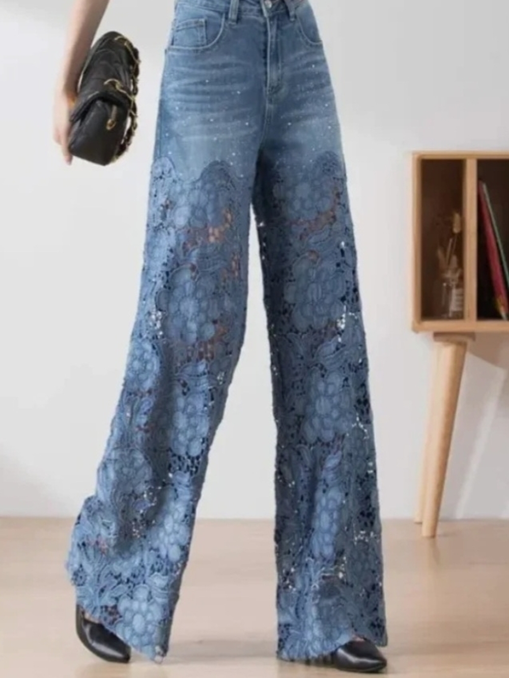 Women's high waisted hollow lace patchwork loose wide leg jeans-